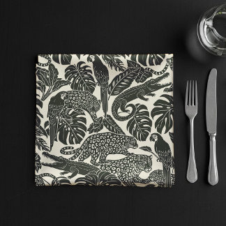 Bold Black and Cream Tropical Jungle Animals  Cloth Napkin