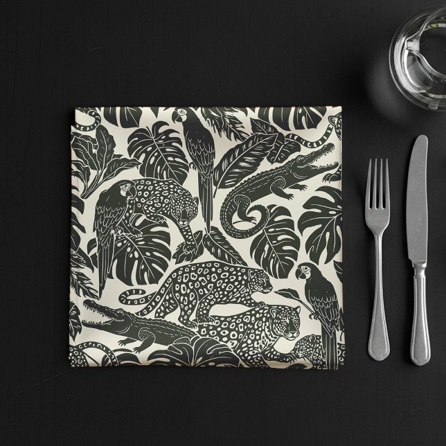 Bold Black and Cream Tropical Jungle Animals  Cloth Napkin (Creator Uploaded)