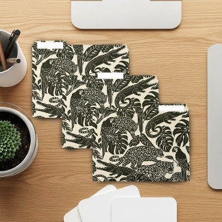 Bold Black and Cream Tropical Jungle Animals  File Folder