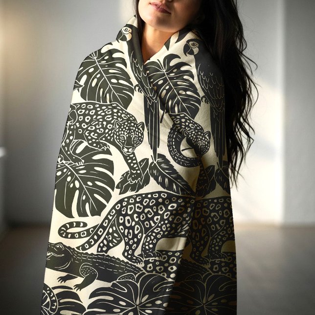 Bold Black and Cream Tropical Jungle Animals  Fleece Blanket (Creator Uploaded)