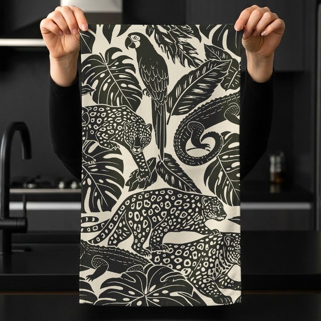Bold Black and Cream Tropical Jungle Animals  Kitchen Towel (Creator Uploaded)
