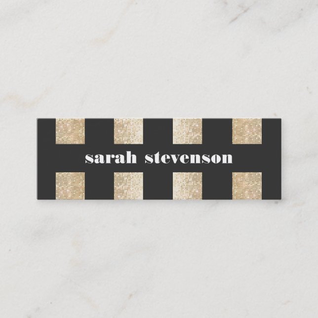 Bold Black and Gold Faux Sequin Modern Fashionista Mini Business Card (Front)