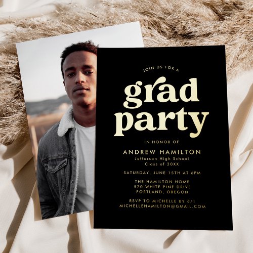 Bold Black and Gold Photo Graduation Party Foil Invitation