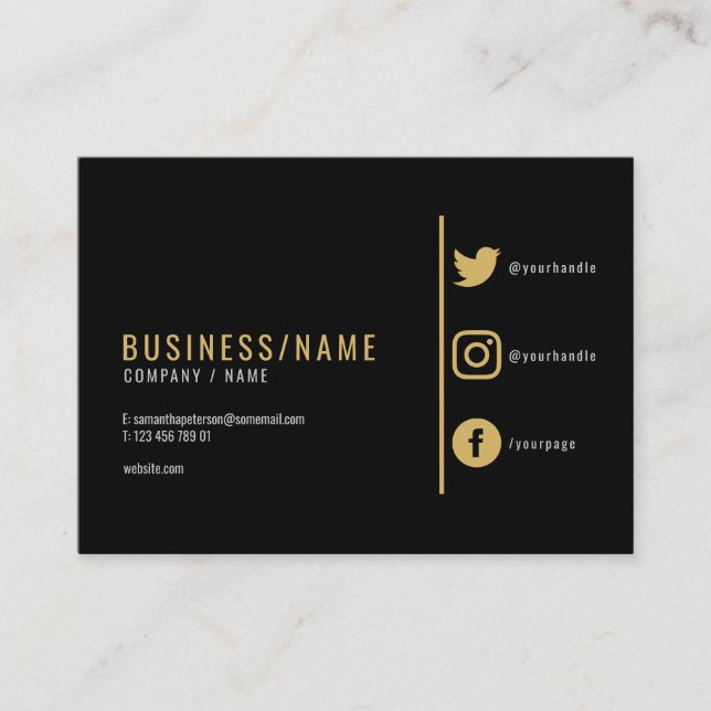 Bold black and gold social media business card (Front)