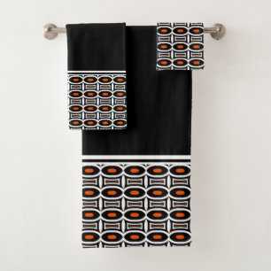 Bold Black and Orange Abstract Geometric Pattern Bath Towel Set