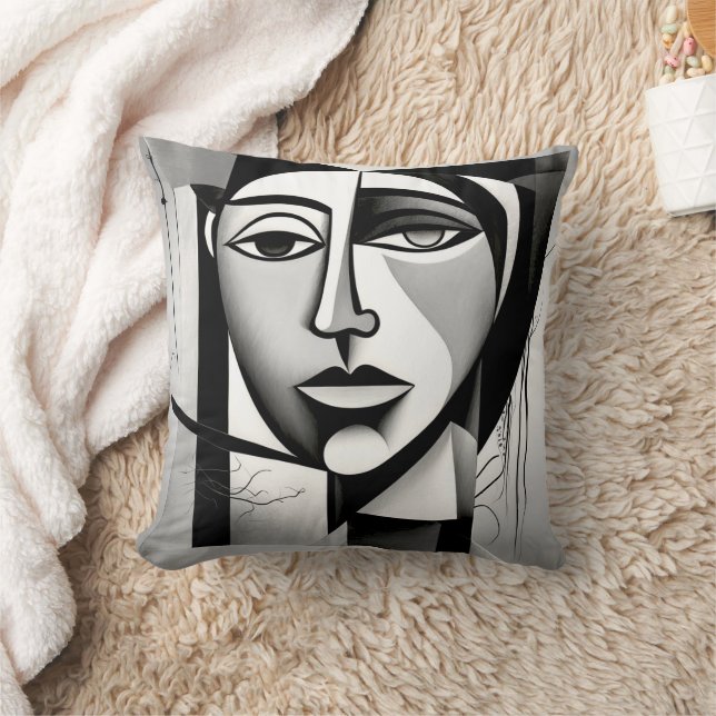 Bold Black and White Abstract Face Throw Pillow (Blanket)