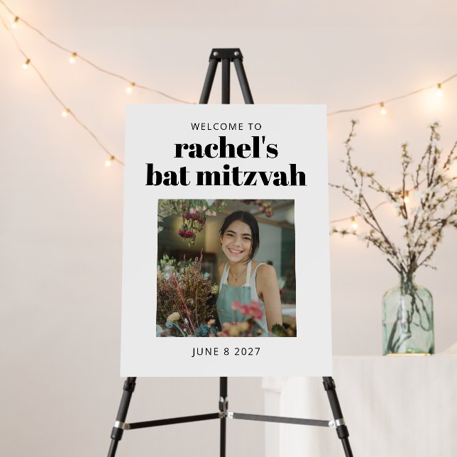 Bold Black and White Bat Mitzvah Photo Welcome  Foam Board (In Situ (Stand))