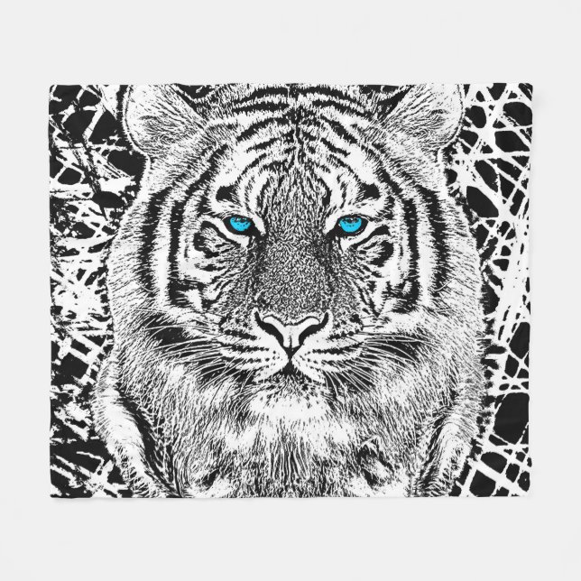Bold Black And White Blue Eyes Tiger Fleece Blanket (Front (Horizontal))