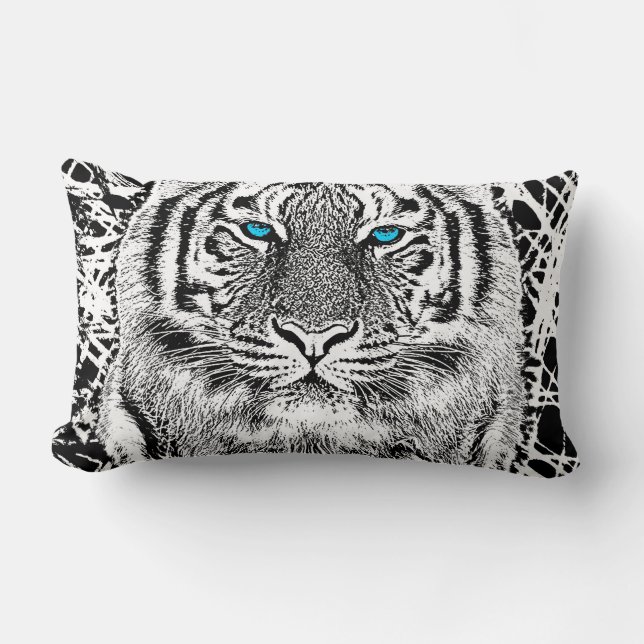 Bold Black And White Blue Eyes Tiger Lumbar Pillow (Front)