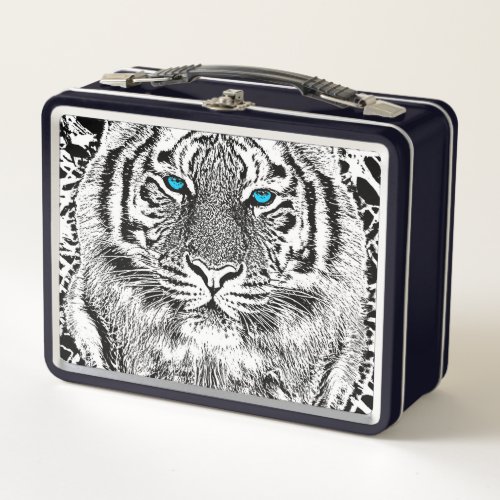 Bold Black And White Blue Eyes Tiger Metal Lunch Box