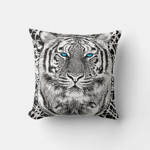 Bold Black And White Blue Eyes Tiger Throw Pillow