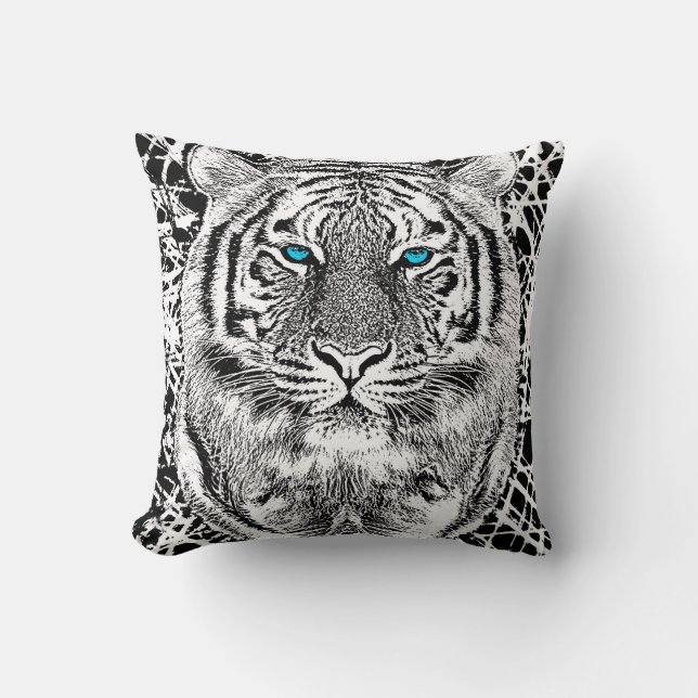 Bold Black And White Blue Eyes Tiger Throw Pillow (Front)