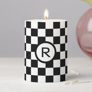 Bold Black and White Checkered Pattern, Monogram Pillar Candle
