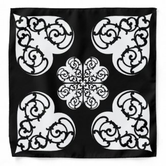 Bold Black and White Filigree Heart Design Bandana