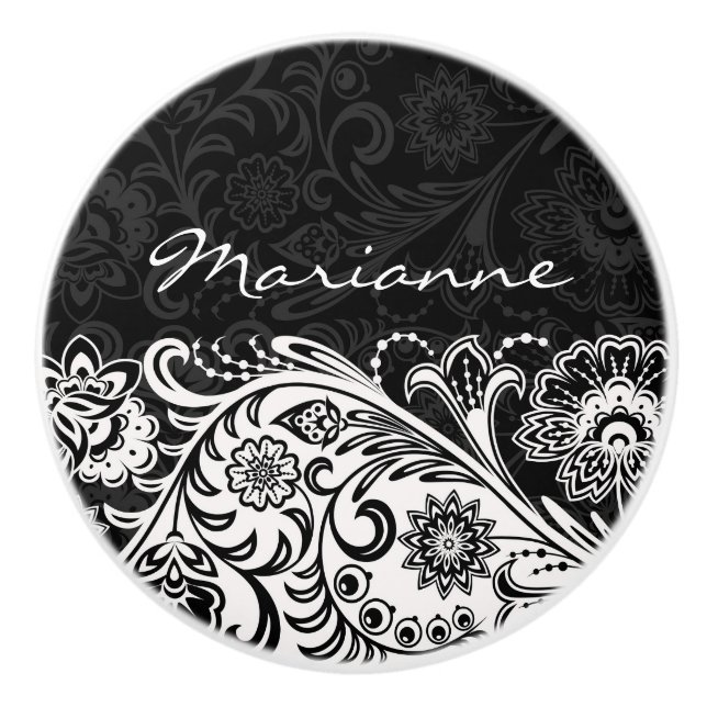 Bold Black and White Floral Ceramic Pull or Knob (Front)