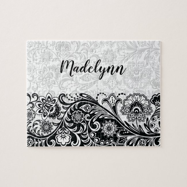 Bold Black and White Floral Design Jigsaw Puzzle