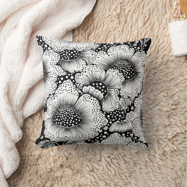 Bold Black and White Floral Throw Pillow (Blanket)