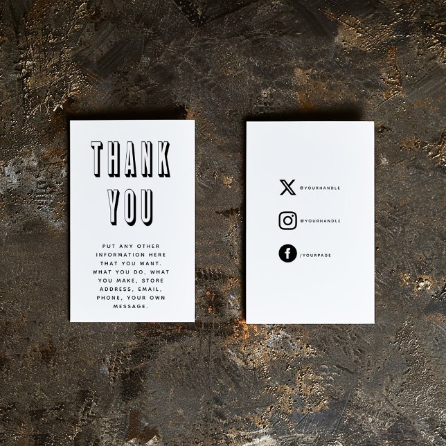 Bold black and white fun thank you Enclosure Card (Big bold 3D text "Thank you" insert card with black on white social media icons, details and message)