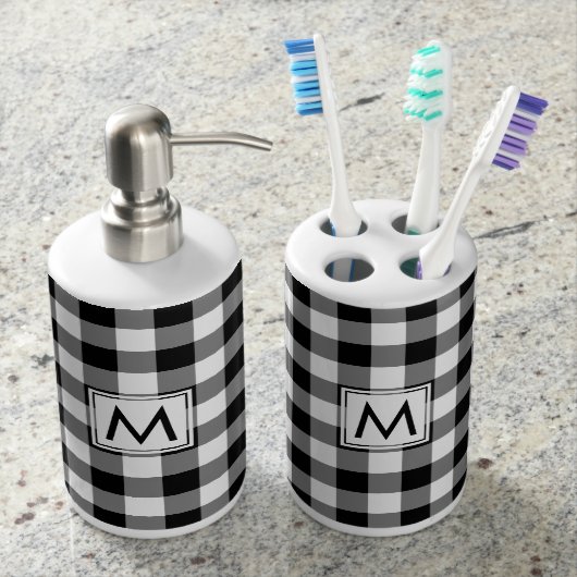Bold Black and White Gingham Pattern with Monogram Bath Set (Front)