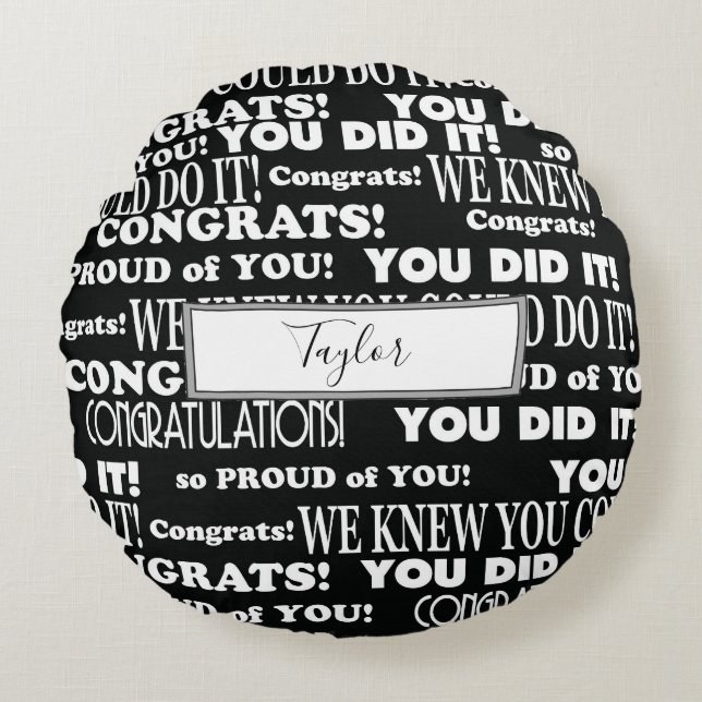 Bold Black and White Grad Word Collage Round Pillow (Front)