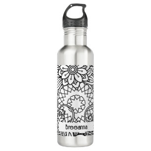 Bold Black and White Graphic Design Floral Stainless Steel Water Bottle