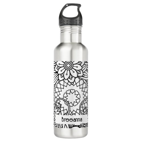 Bold Black and White Graphic Design Floral Stainless Steel Water Bottle