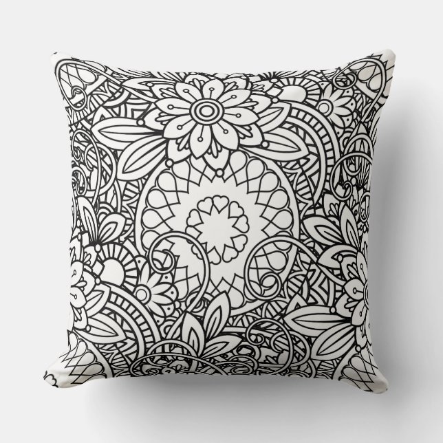 Bold Black and White Graphic Design Floral Throw Pillow (Front)