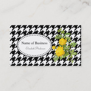 Bold Black and White Houndstooth Chic Yellow Roses Business Card