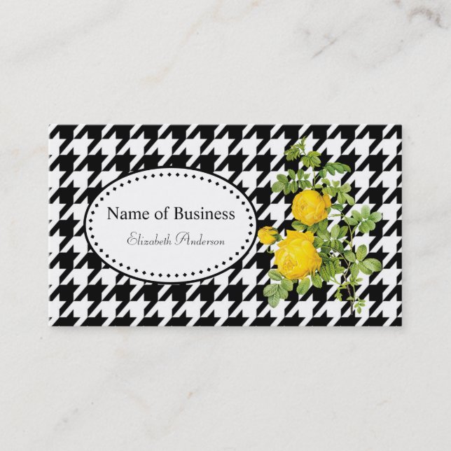Bold Black and White Houndstooth Chic Yellow Roses Business Card (Front)