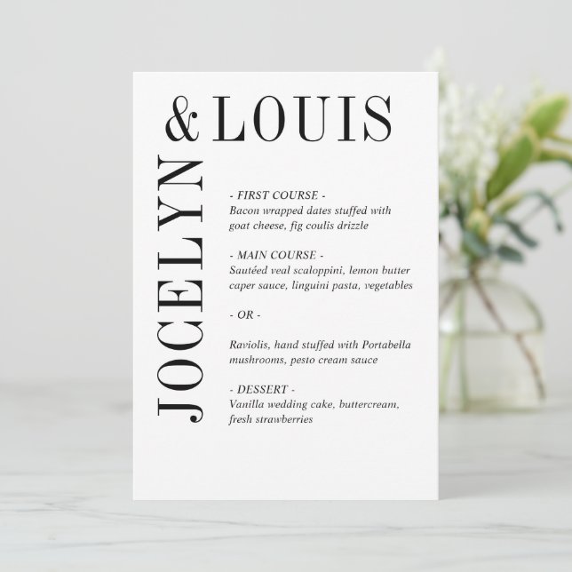 Bold Black and White Modern Wedding Menu (Standing Front)