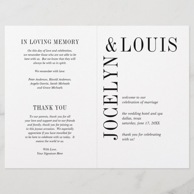 Bold Black and White Modern Wedding Program Flyer (Front)