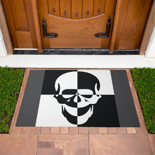 Bold Black and White Optical Illusion Skull Design Doormat