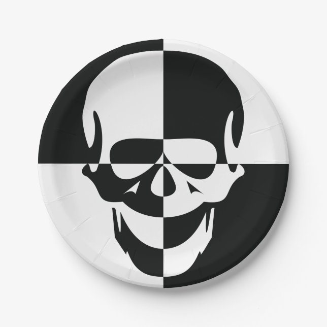 Bold Black and White Optical Illusion Skull Design Paper Plates (Front)