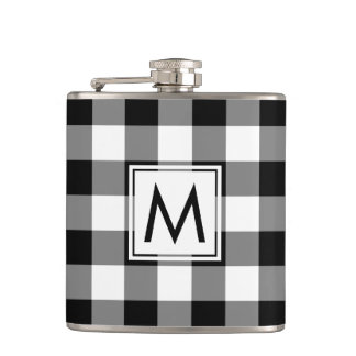 Bold Black and White Plaid Pattern with Monogram Flask