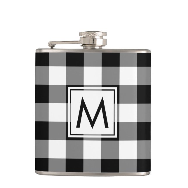 Bold Black and White Plaid Pattern with Monogram Flask (Front)
