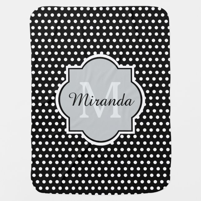 Bold Black and White Polka Dots Monogram and Name Baby Blanket (Front)