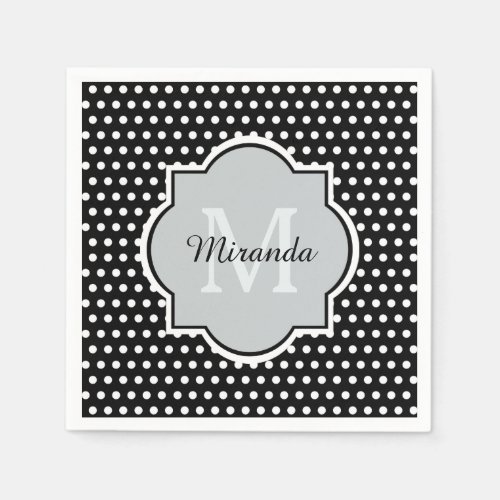 Bold Black and White Polka Dots Monogram and Name Napkins