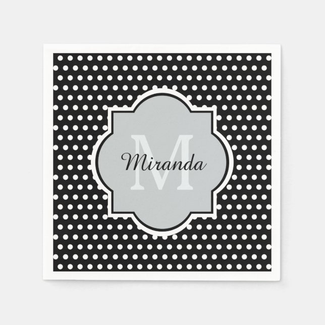 Bold Black and White Polka Dots Monogram and Name Napkins (Front)