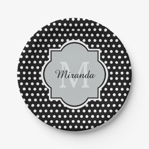Bold Black and White Polka Dots Monogram and Name Paper Plates