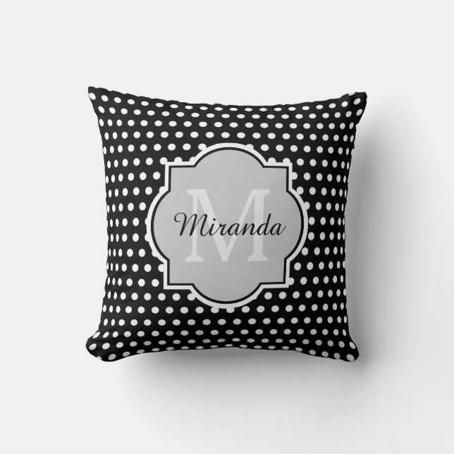 Bold Black and White Polka Dots Monogram and Name Throw Pillow (Front)