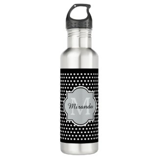 Bold Black and White Polka Dots Monogram and Name Water Bottle