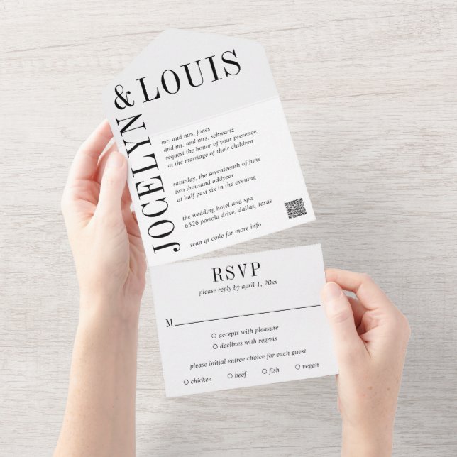 Bold Black and White QR Code Modern Wedding All In One Invitation (Tearaway)
