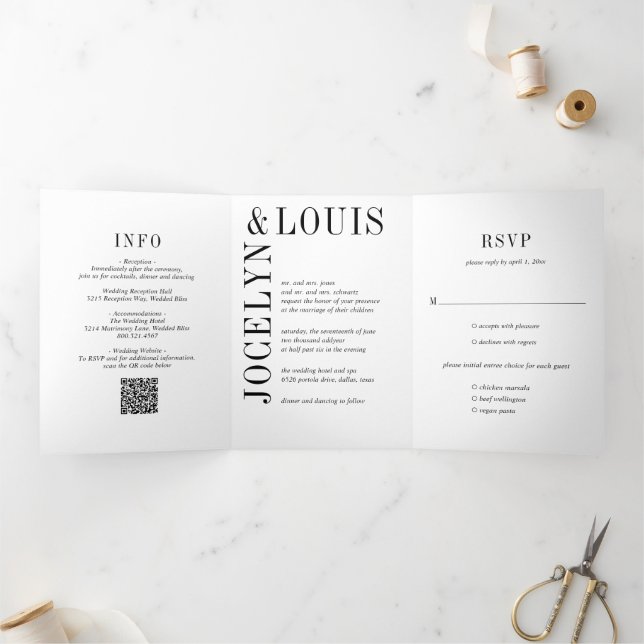 Bold Black and White QR Code Modern Wedding Tri-Fold Invitation (Inside)