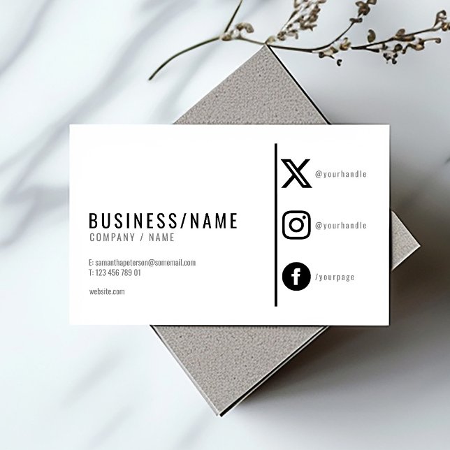 Bold black and white social media icons business card (White business card with black bold name, details and social media icons)
