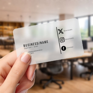 Bold black and white social media icons clear business cards