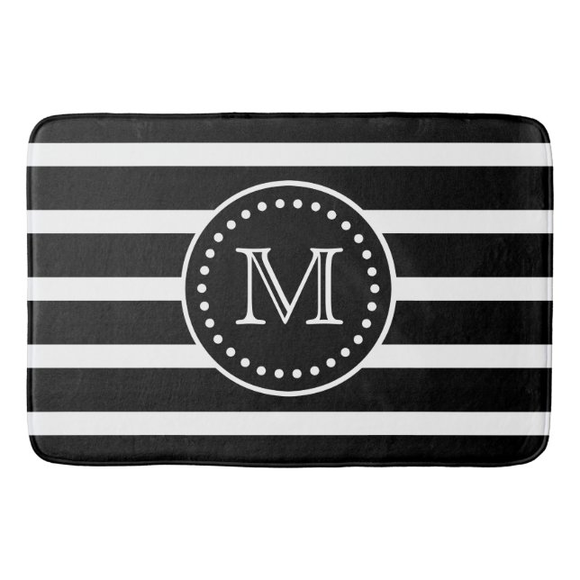 Bold Black and White Stripe and Polka Dot Monogram Bathroom Mat (Front)