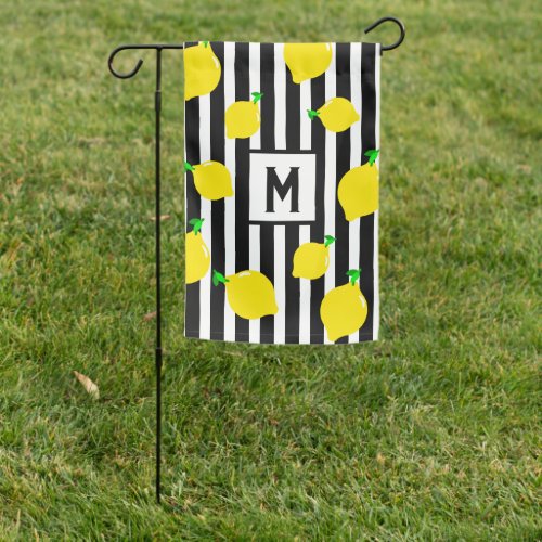 Bold Black and White Stripe Lemon Monogram Garden Flag