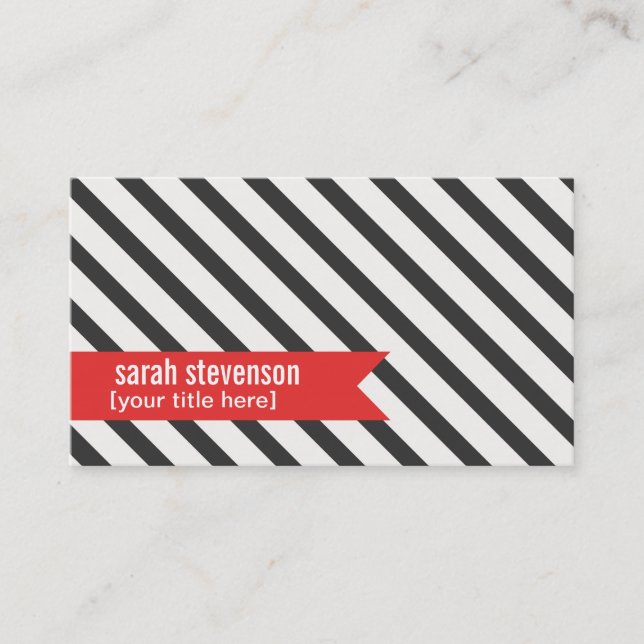 Bold Black and White Striped Red Ribbon Groupon Business Card (Front)
