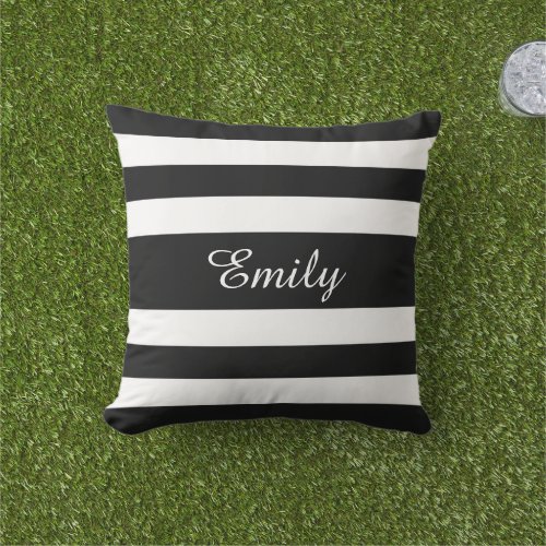 Bold Black And White Stripes Pattern Your Name Outdoor Pillow