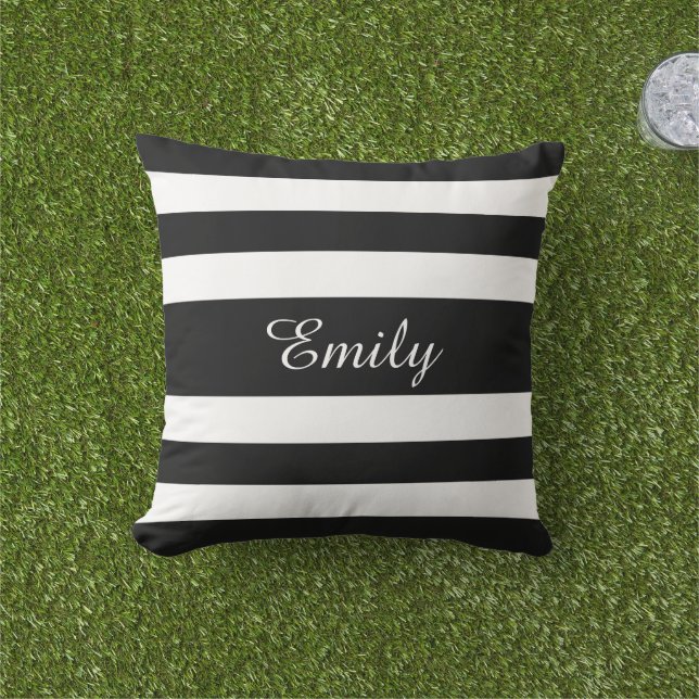 Bold Black And White Stripes Pattern Your Name Outdoor Pillow (Grass)